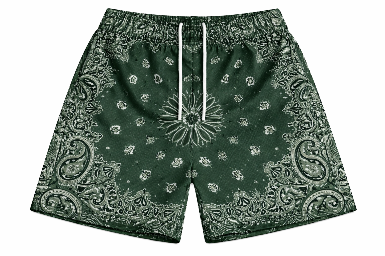ASYLUM CO. FOREST GREEN PAISLEY BANDANA SATIN MESH SHORTS