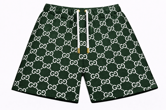 ASYLUM CO. GUCCI MONOGRAM GREEN/WHITE SATIN MESH SHORTS
