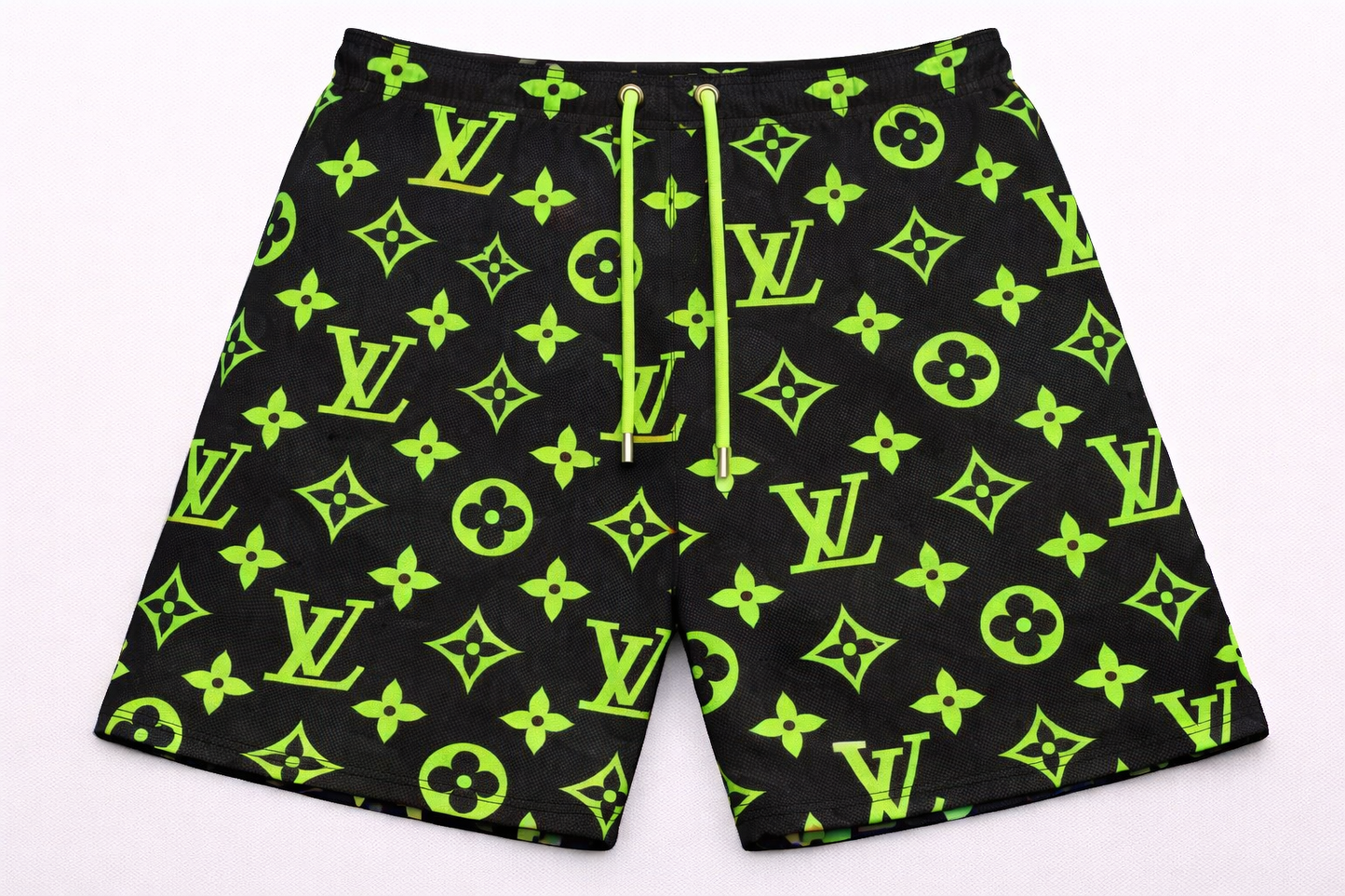 ASYLUM CO. LV MONOGRAM SLIME GREEN SATIN MESH SHORTS-