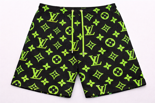 ASYLUM CO. LV MONOGRAM SLIME GREEN SATIN MESH SHORTS-