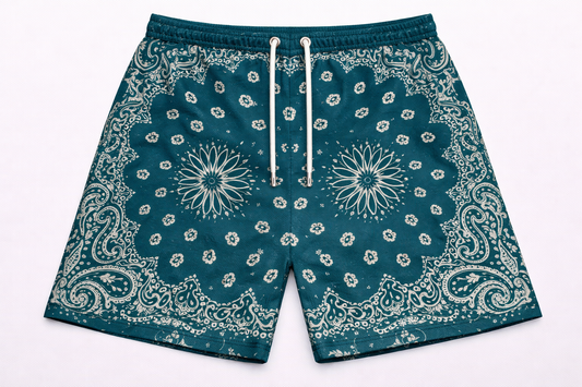 ASYLUM CO. - TEAL PAISLEY SATIN MESH SHORTS