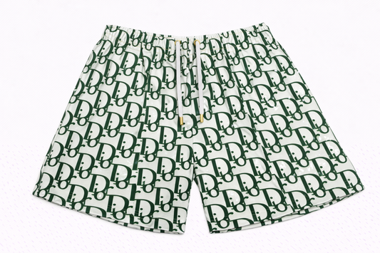 ASYLUM CO. OBLIQUE MONOGRAM GREEN/WHITE SATIN MESH SHORTS