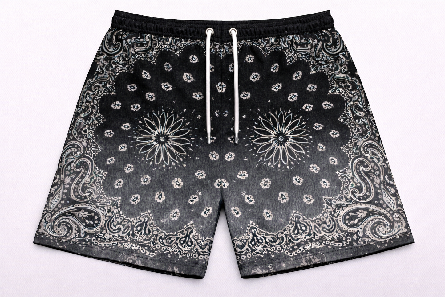 ASYLUM CO. PAISLEY BLACK/GREY GRADIENT SATIN MESH SHORTS