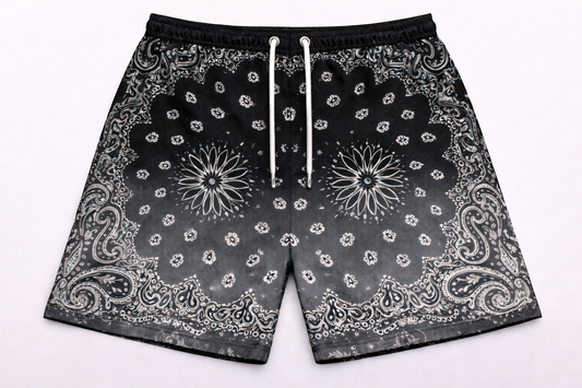 ASYLUM CO. PAISLEY BLACK/GREY GRADIENT SATIN MESH SHORTS