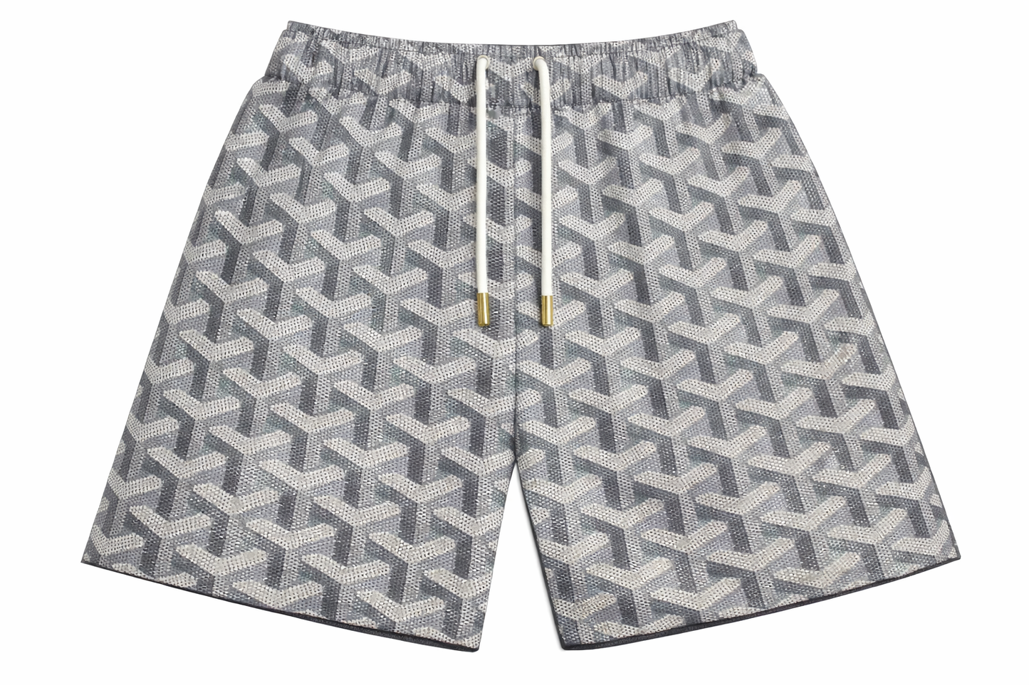 ASYLUM CO. SILVER GOYARD MONOGRAM SATIN MESH SHORTS
