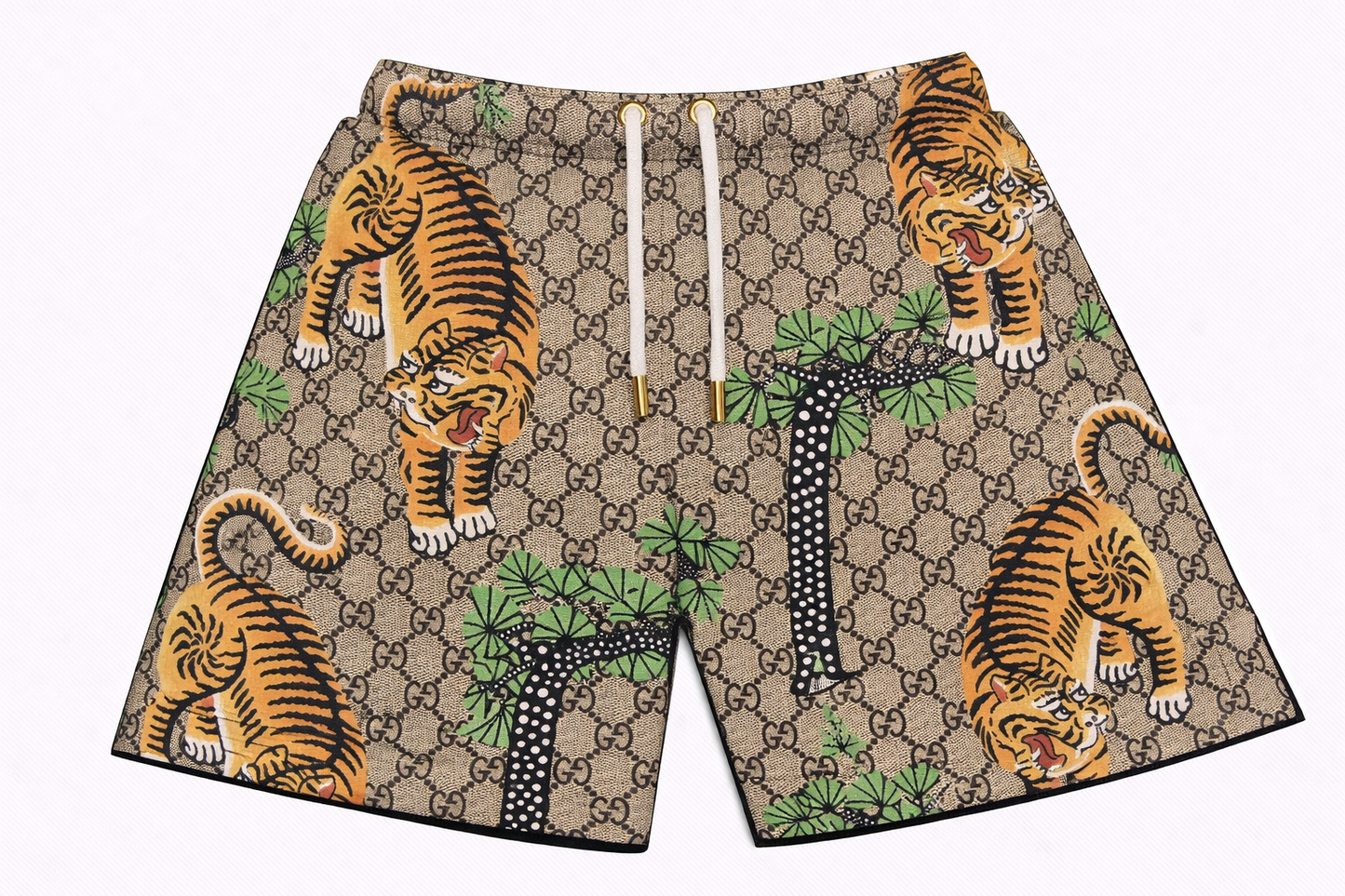 ASYLUM CO. GUCCI MONOGRAM SAFARI MOTIF SATIN MESH SHORTS
