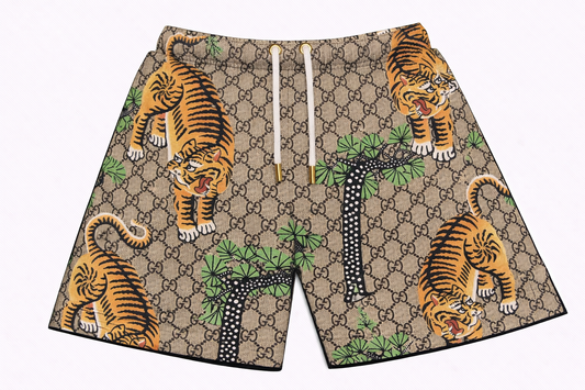 ASYLUM CO. GUCCI MONOGRAM SAFARI MOTIF SATIN MESH SHORTS