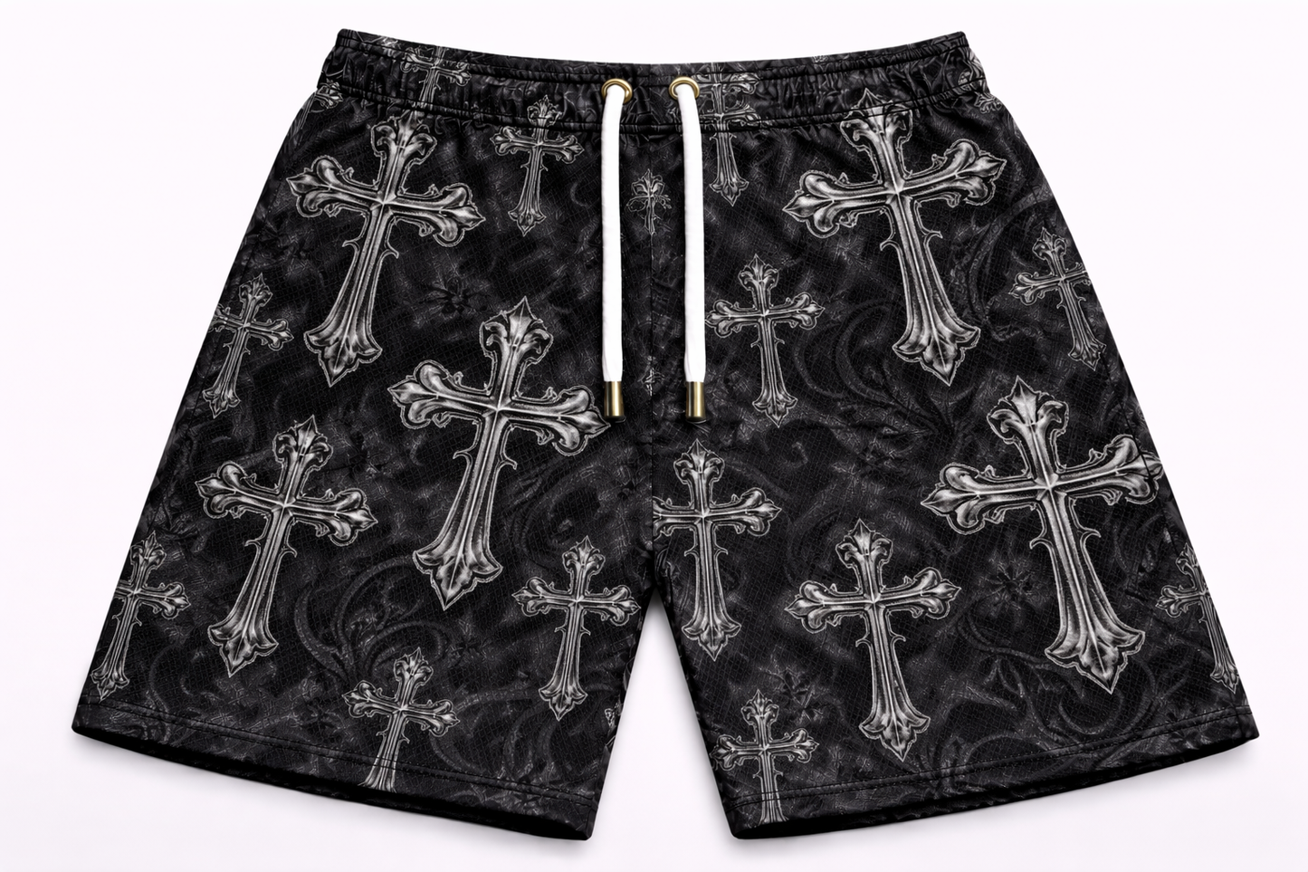 ASYLUM CO. BLACK/GREY MULTI-CROSS MONOGRAM SATIN MESH SHORTS