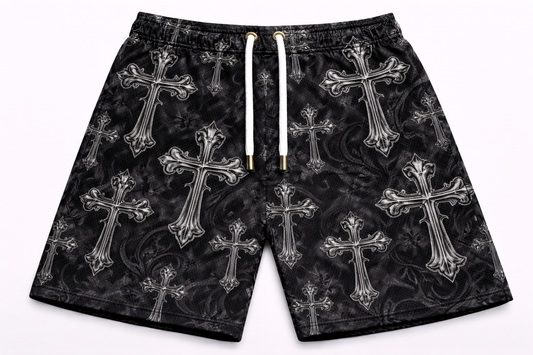ASYLUM CO. BLACK/GREY MULTI-CROSS MONOGRAM SATIN MESH SHORTS