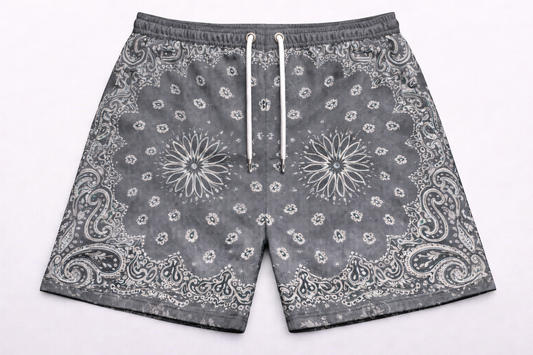 ASYLUM CO. PAISLEY NARDO GREY SATIN MESH SHORTS