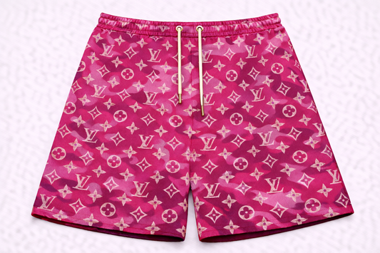 ASYLUM CO. MONOGRAM HOT PINK BAPE CAMO SATIN MESH SHORTS-