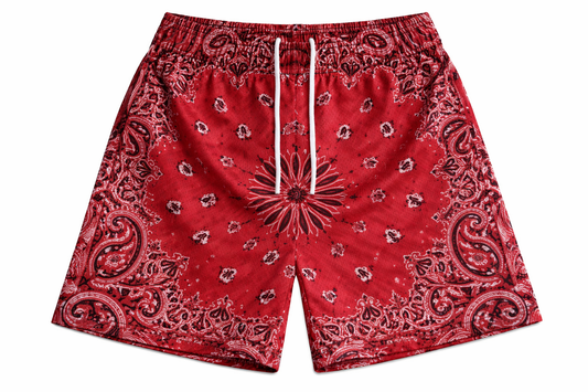 ASYLUM CO. RED PAISLEY BANDANA SATIN MESH SHORTS