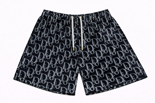 ASYLUM CO. OBLIQUE MONOGRAM BLACK/GREY SATIN MESH SHORTS