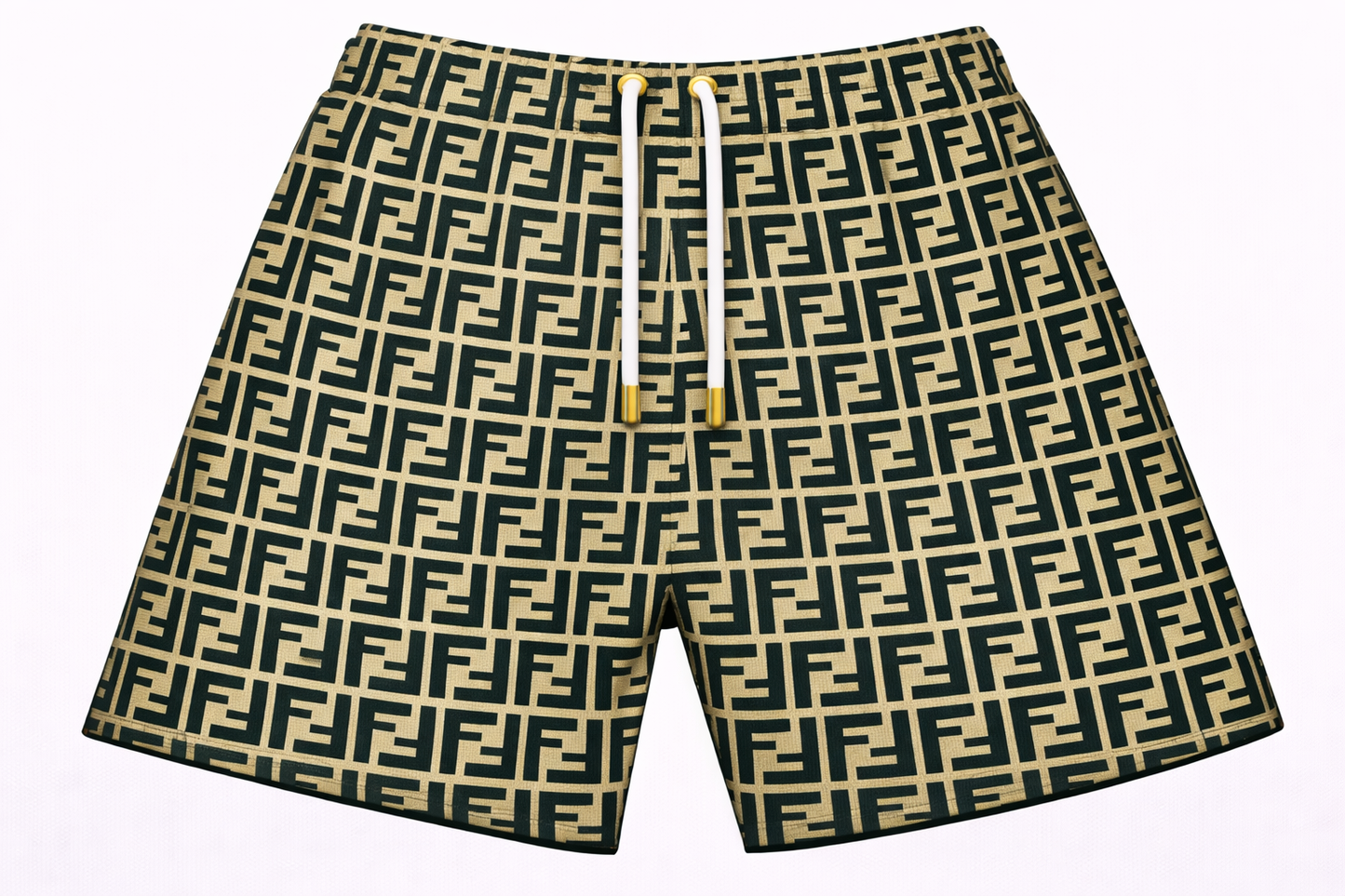 ASYLUM CO. FENDI MONOGRAM CREAM SATIN MESH SHORTS
