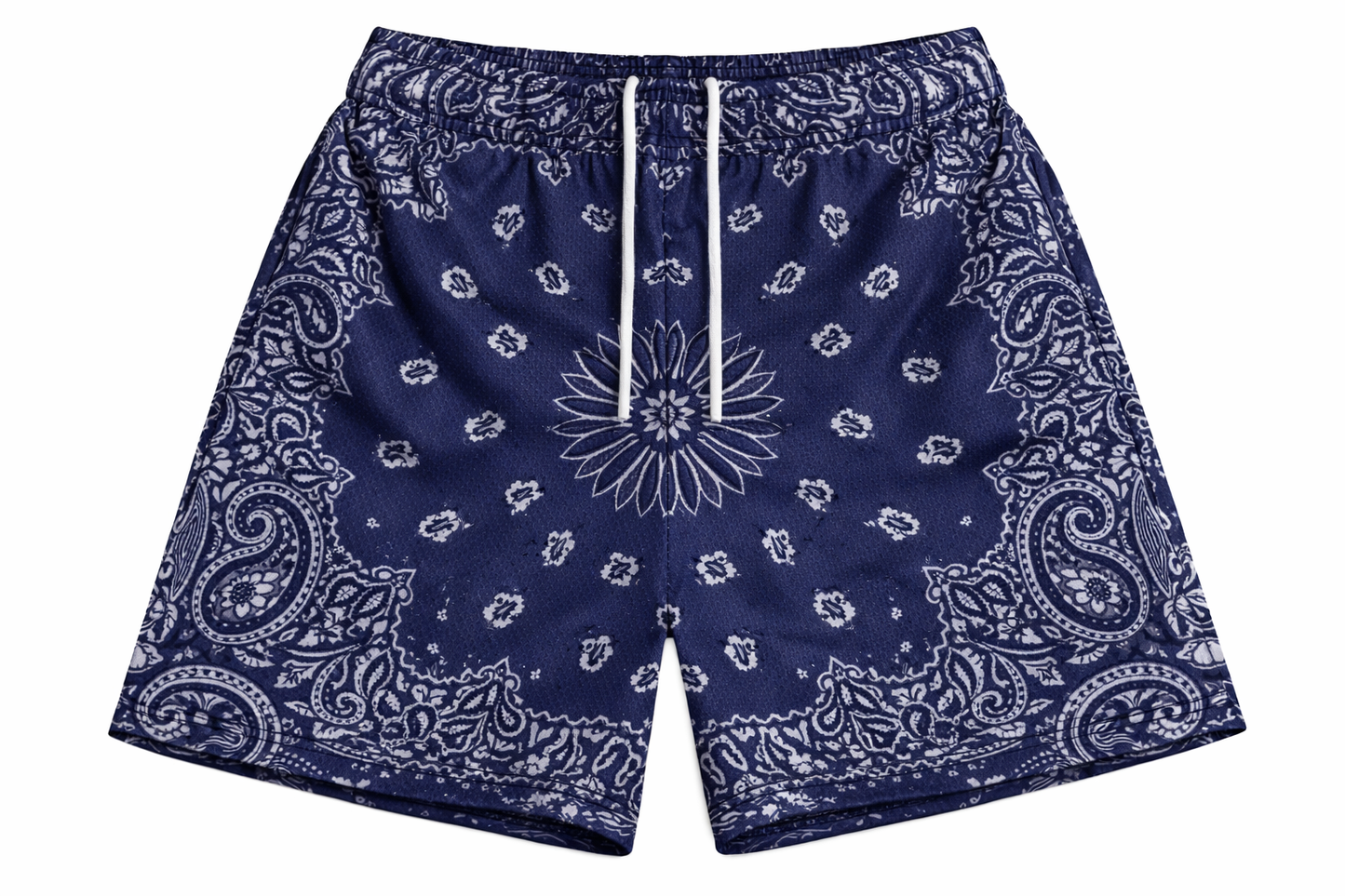 ASYLUM CO. NAVY PAISLEY BANDANA SATIN MESH SHORTS