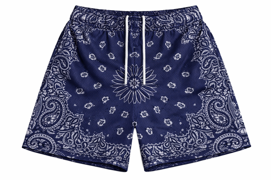 ASYLUM CO. NAVY PAISLEY BANDANA SATIN MESH SHORTS