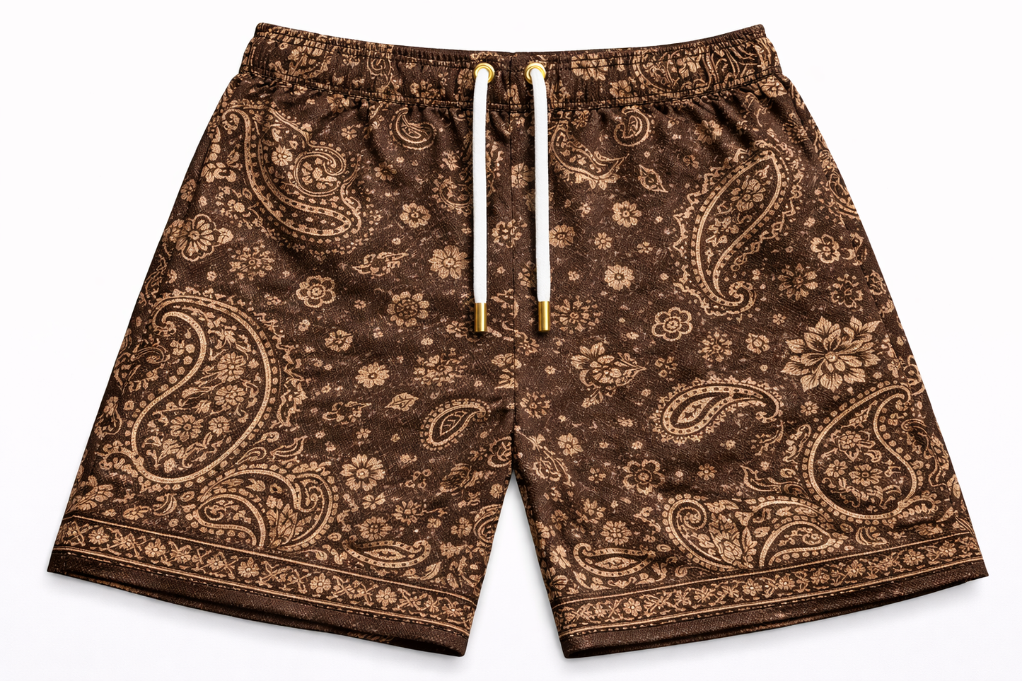 ASYLUM CO. ROYAL BROWN PAISLEY SATIN MESH SHORTS