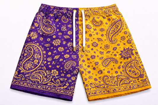 ASYLUM CO X LOS ANGELES LAKERS PAISLEY SATIN MESH SHORTS