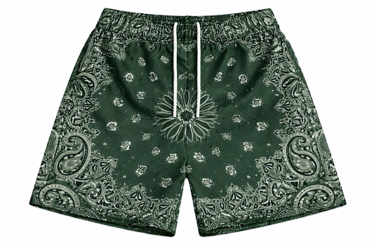 ASYLUM CO. FOREST GREEN PAISLEY BANDANA SATIN MESH SHORTS