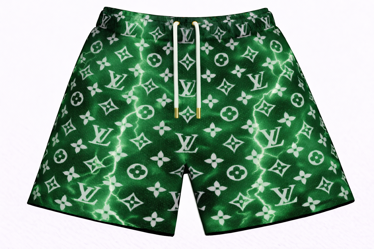 ASYLUM CO. LV MONOGRAM GREEN STORM SATIN MESH SHORTS