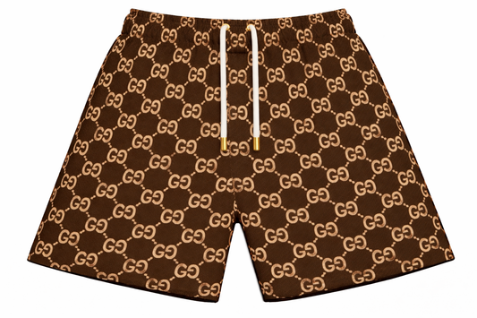 ASYLUM CO. GUCCI MONOGRAM BISON/CREAM SATIN MESH SHORTS