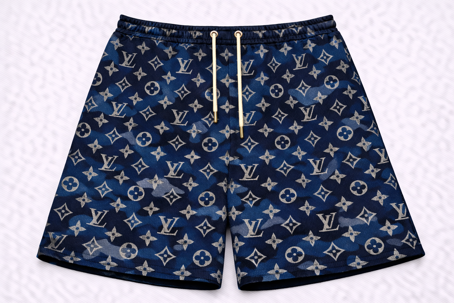 ASYLUM CO. MONOGRAM BLUE BAPE CAMO SATIN MESH SHORTS