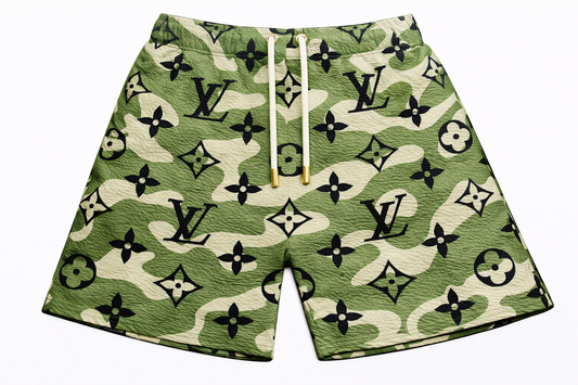 ASYLUM CO. LV MONOGRAM LIGHT CAMO SATIN MESH SHORTS