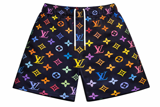 ASYLUM CO. MULTICOLOR MONOGRAM SATIN MESH SHORTS