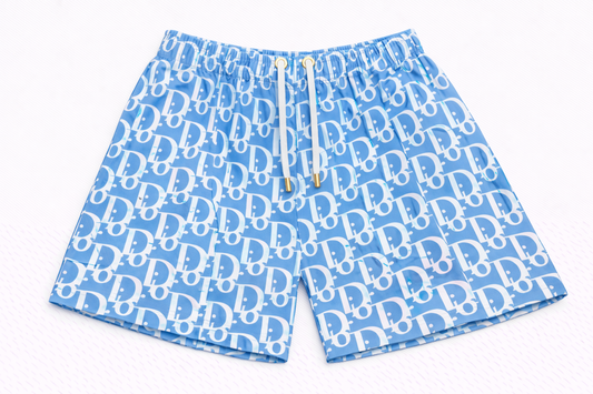 ASYLUM CO. OBLIQUE MONOGRAM SKY BLUE SATIN MESH SHORTS