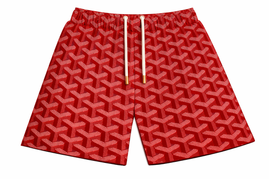ASYLUM CO. GOYARD MONOGRAM RED SATIN MESH SHORTS