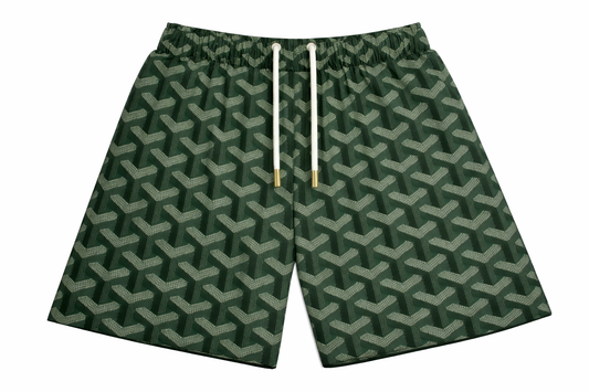 ASYLUM CO. GOYARD MONOGRAM GREEN SATIN MESH SHORTS