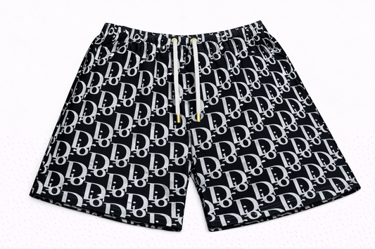 ASYLUM CO. OBLIQUE MONOGRAM BLACK/WHITE SATIN MESH SHORTS
