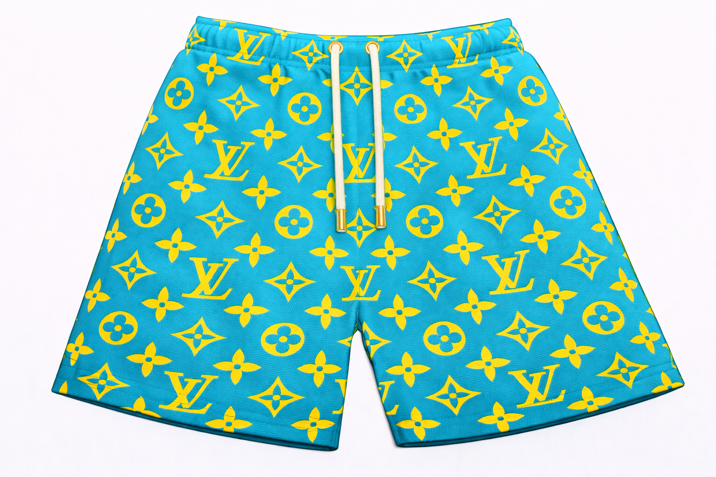 ASYLUM CO. LV MONOGRAM CYAN SATIN MESH SHORTS