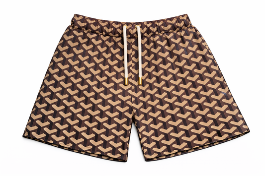 ASYLUM CO. GOYARD MONOGRAM BROWN SATIN MESH SHORTS