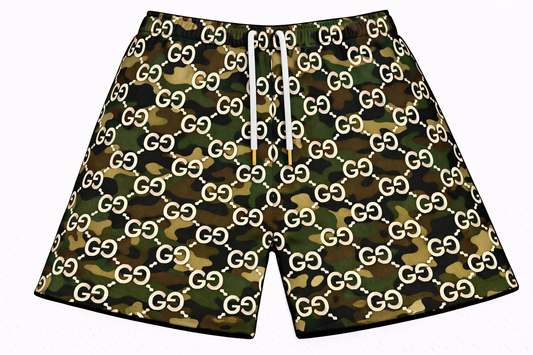 ASYLUM CO. GUCCI MONOGRAM MILITARY CAMO SATIN MESH SHORTS