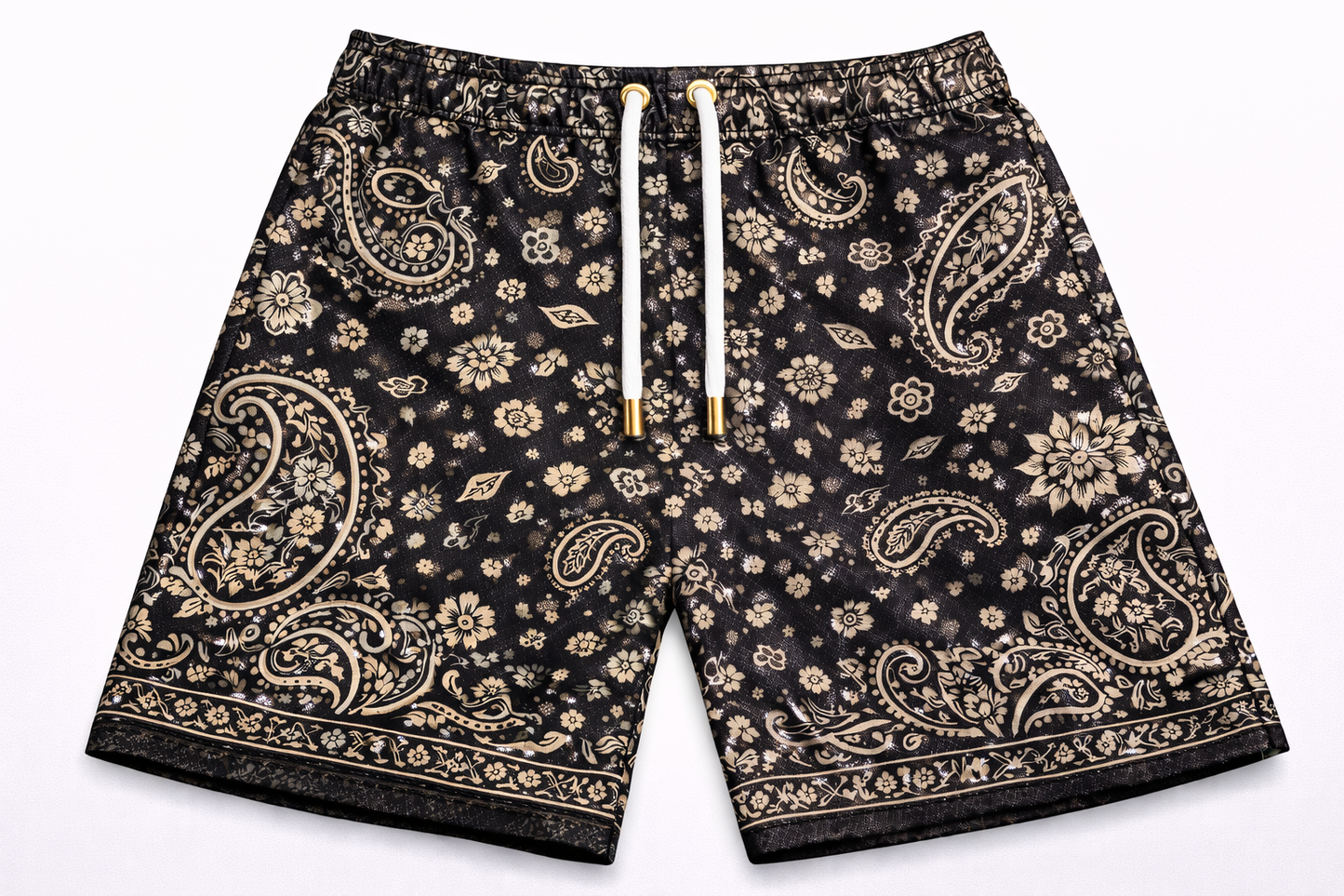 ASYLUM CO. BLACK PAISLEY SATIN MESH SHORTS