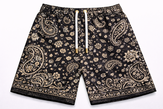 ASYLUM CO. BLACK PAISLEY SATIN MESH SHORTS