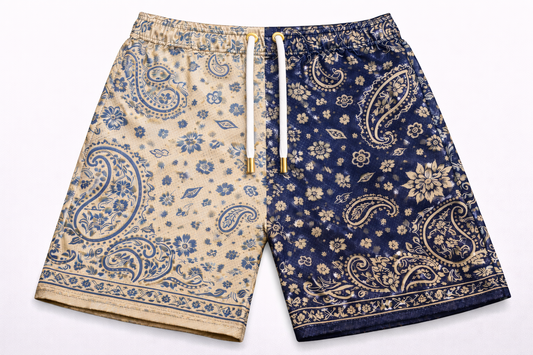 ASYLUM CO. TWO TONE PAISLEY CREAM/NAVY SATIN MESH SHORTS