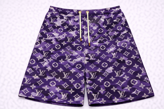 ASYLUM CO. MONOGRAM PURPLE/WHITE BAPE CAMO SATIN MESH SHORTS