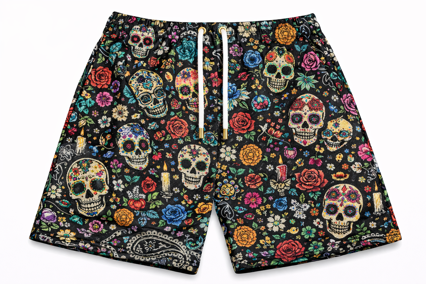ASYLUM CO. DIA DE LOS MUERTOS MONOGRAM SATIN MESH SHORTS