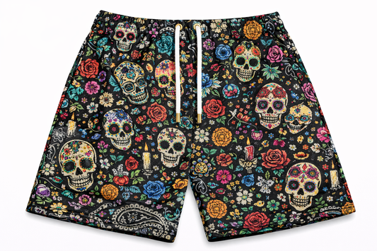 ASYLUM CO. DIA DE LOS MUERTOS MONOGRAM SATIN MESH SHORTS