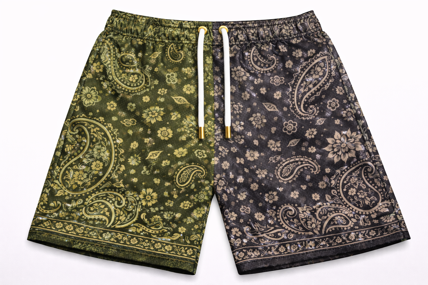 ASYLUM CO. 2 TONE PAISLEY OLIVE/GREY SATIN MESH SHORTS