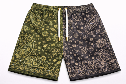 ASYLUM CO. 2 TONE PAISLEY OLIVE/GREY SATIN MESH SHORTS
