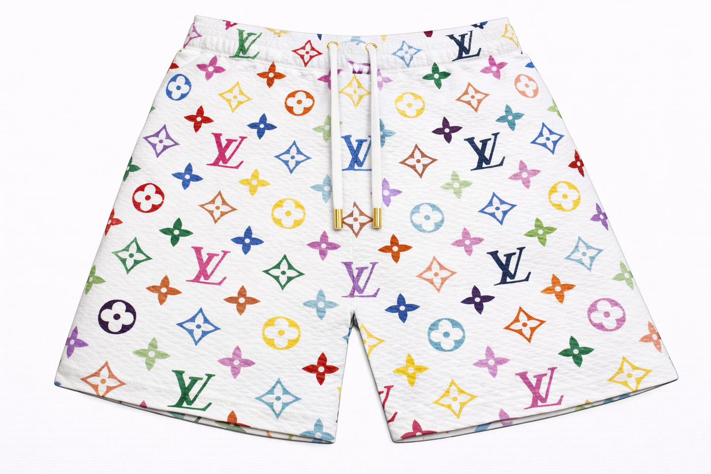 ASYLUM CO. LV MONOGRAM WHITE TAKASHI MURAKAMI SATIN MESH SHORTS