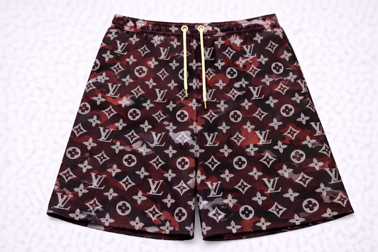 ASYLUM CO. MONOGRAM DEEP RED BAPE CAMO SATIN MESH SHORTS