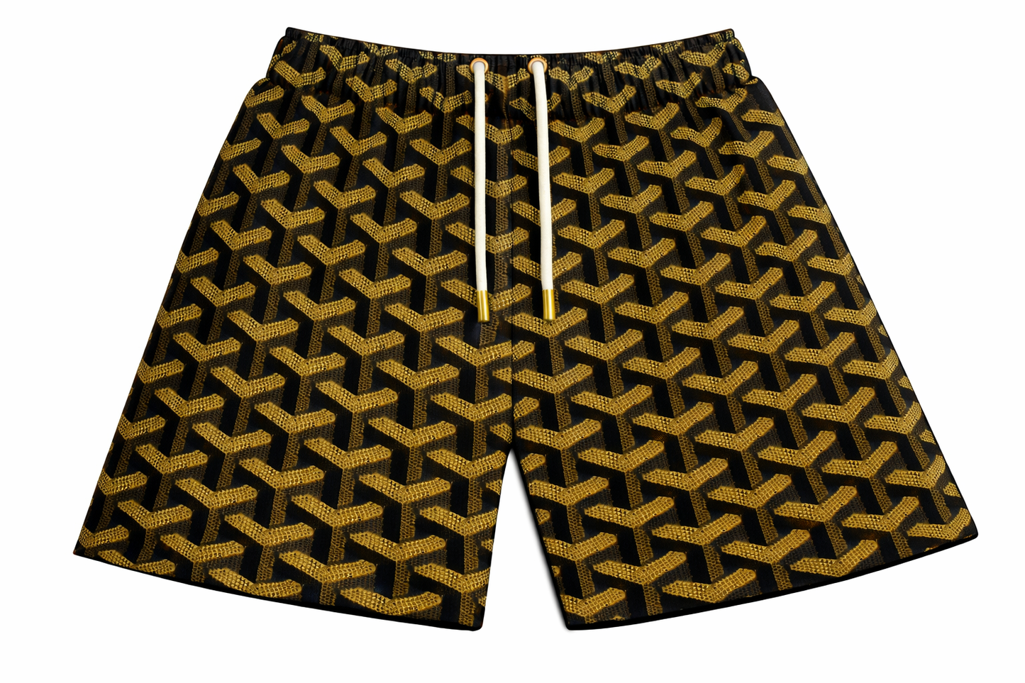 ASYLUM CO. GOYARD MONOGRAM GOLD SATIN MESH SHORTS