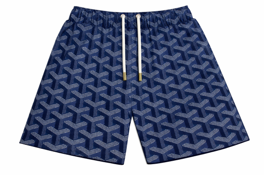 ASYLUM CO. GOYARD MONOGRAM BLUE SATIN MESH SHORTS