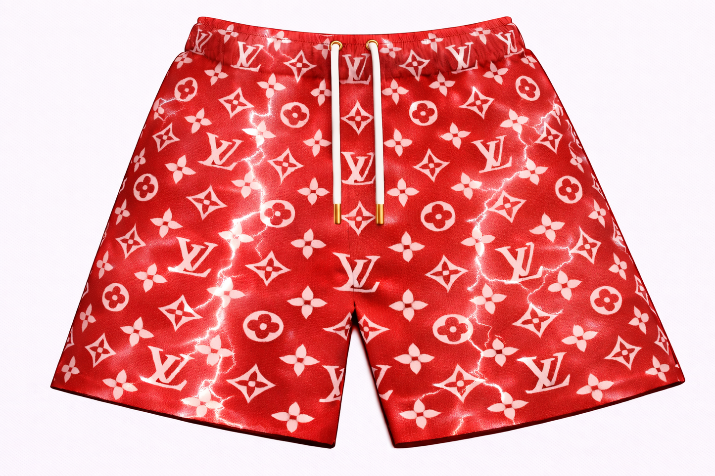 ASYLUM CO. LV MONOGRAM CRIMSON RED STORM SATIN MESH SHORTS