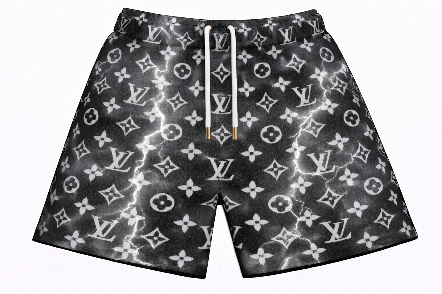 ASYLUM CO. LV MONOGRAM BLACK/GREY STORM SATIN MESH SHORTS