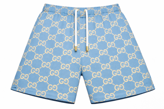 ASYLUM CO. GUCCI MONOGRAM BABY BLUE SATIN MESH SHORTS